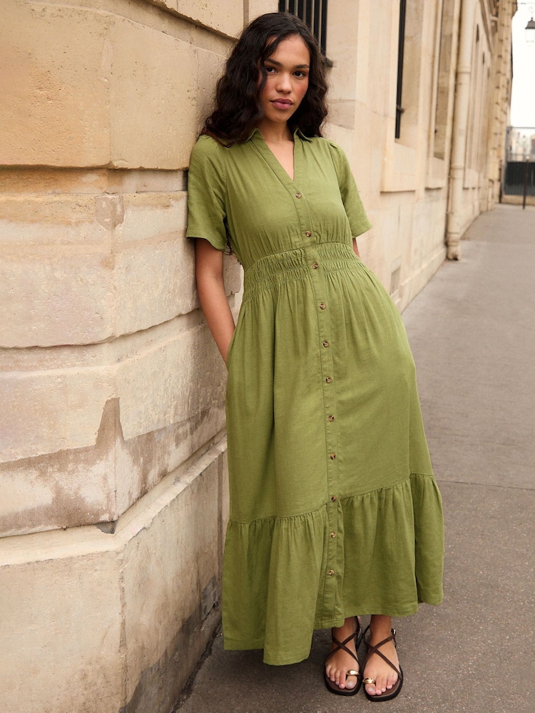 Threadbare Green Tiered Linen Blend V-Neck Maxi Dress - Image 1 of 4