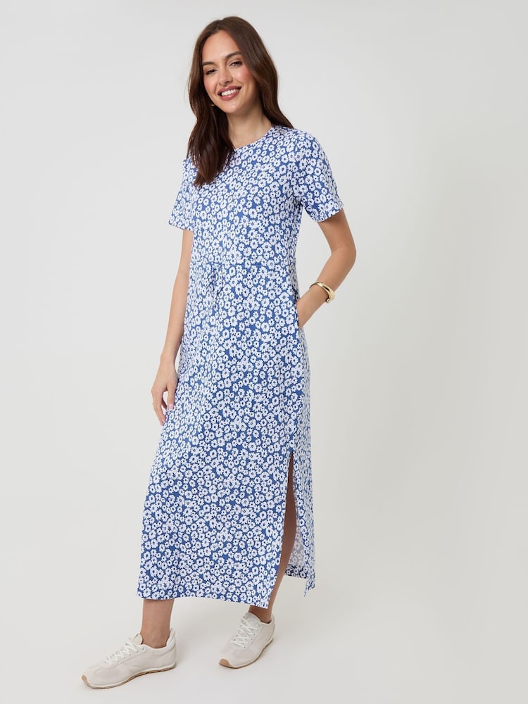 Threadbare Blue Drawstring Waist Side Split Cotton Jersey Midi Dress - Image 1 of 4