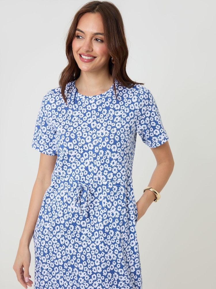 Threadbare Blue Drawstring Waist Side Split Cotton Jersey Midi Dress - Image 2 of 4