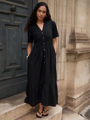 Threadbare Black Tiered Linen Blend V-Neck Maxi Dress - Image 1 of 4
