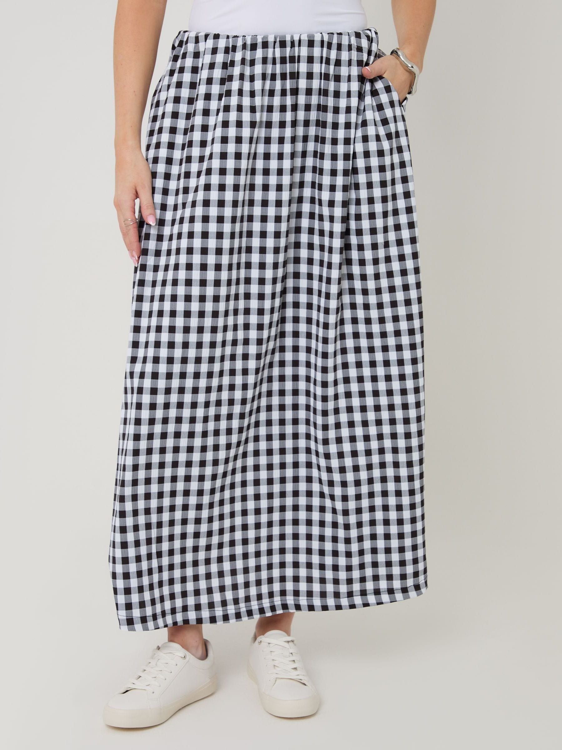 Buy Threadbare Black Gathered Waist Gingham Maxi Skirt from the