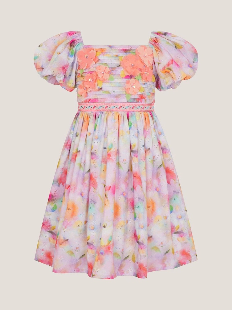 Monsoon Pink Floral Broderie Puff Sleeve Party Dress - Image 1 of 3