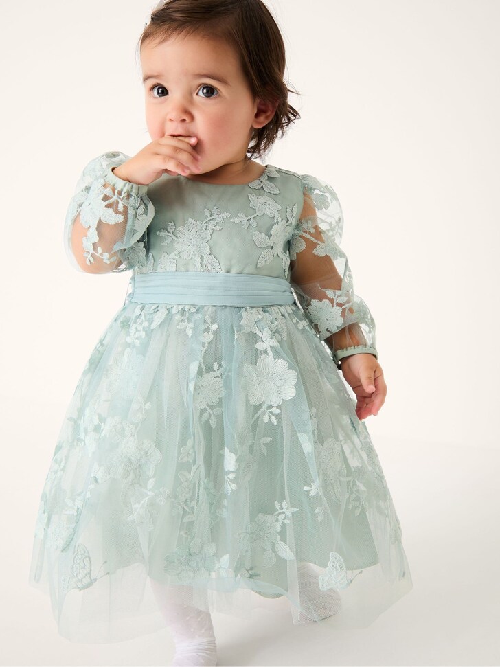 Monsoon Sage Green Baby Beatrice Floral Embroidered Tulle Dress