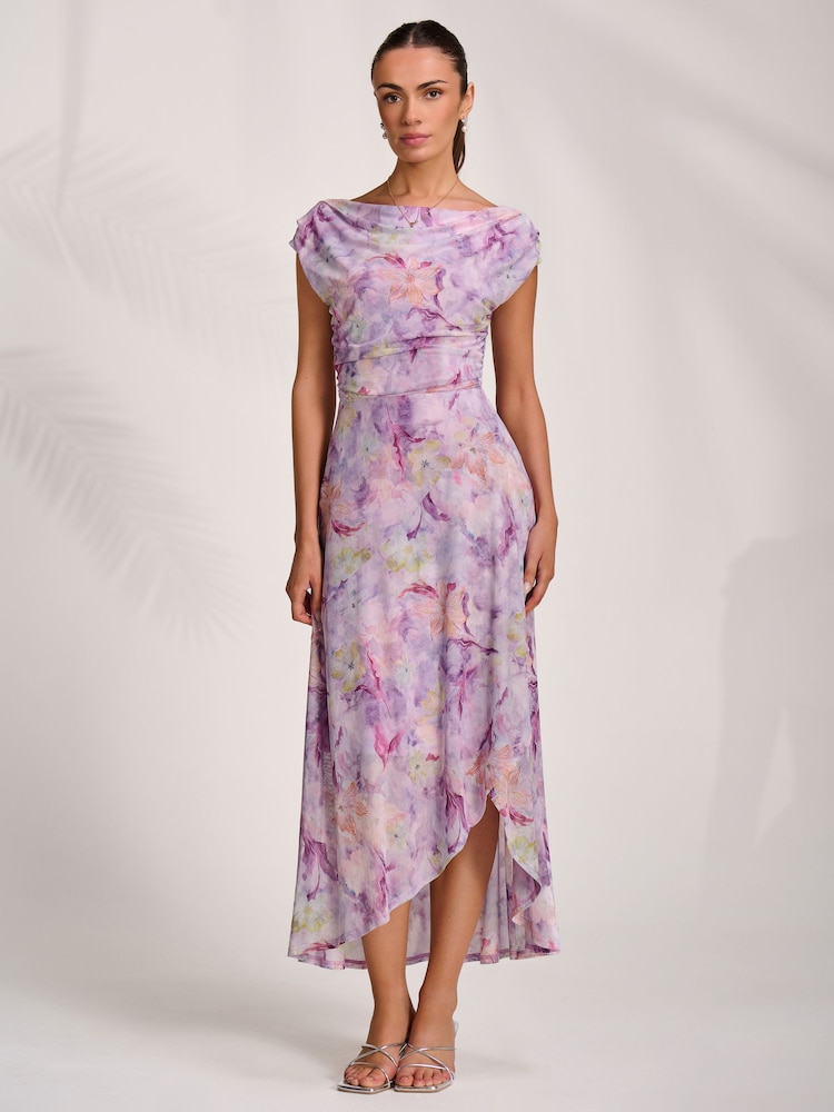 Jolie Moi Purple Asymmetric Draped Mesh Maxi Dress - Image 1 of 7