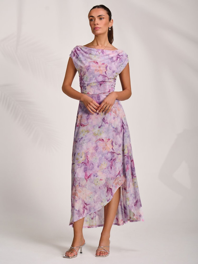 Jolie Moi Purple Asymmetric Draped Mesh Maxi Dress - Image 7 of 7