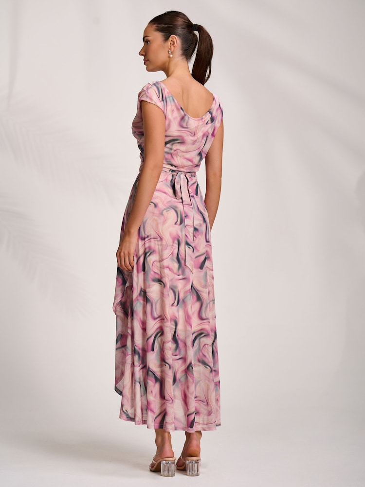 Jolie Moi Pink Asymmetric Draped Mesh Maxi Dress - Image 2 of 7