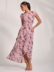 Jolie Moi Pink Asymmetric Draped Mesh Maxi Dress - Image 3 of 7