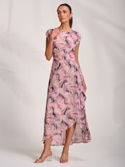 Jolie Moi Pink Asymmetric Draped Mesh Maxi Dress - Image 6 of 7