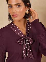 Love & Roses Burgundy Red Polka Dot Satin Tie Neck Knitted Top - Image 2 of 5