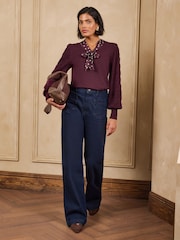 Love & Roses Burgundy Red Polka Dot Satin Tie Neck Knitted Top - Image 3 of 5