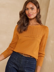 Love & Roses Ochre Yellow Scalloped Slash Neck Long Sleeve Knitted Top - Image 1 of 5
