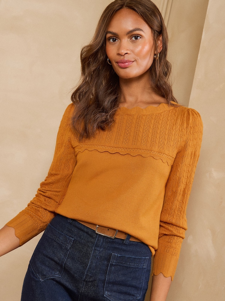 Love & Roses Ochre Yellow Scalloped Slash Neck Long Sleeve Knitted Top - Image 1 of 5