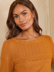 Love & Roses Ochre Yellow Scalloped Slash Neck Long Sleeve Knitted Top - Image 2 of 5