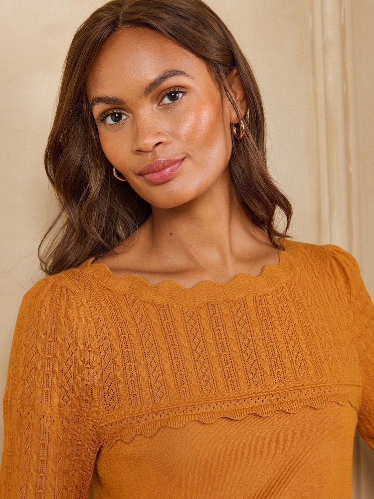 Love & Roses Ochre Yellow Scalloped Slash Neck Long Sleeve Knitted Top - Image 2 of 5