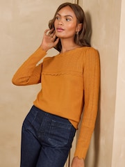 Love & Roses Ochre Yellow Scalloped Slash Neck Long Sleeve Knitted Top - Image 4 of 5