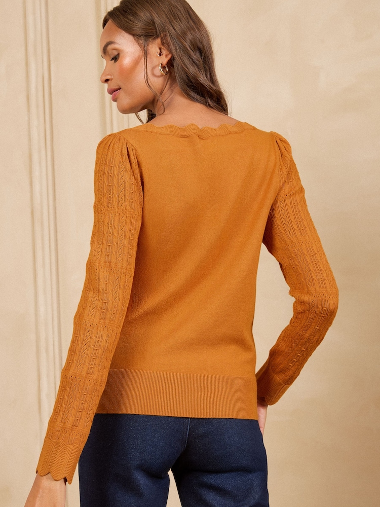 Love & Roses Ochre Yellow Scalloped Slash Neck Long Sleeve Knitted Top - Image 5 of 5