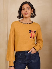 Love & Roses Boat Neck Ochre Yellow Scalloped Christmas Knitted Jumper - Image 1 of 4