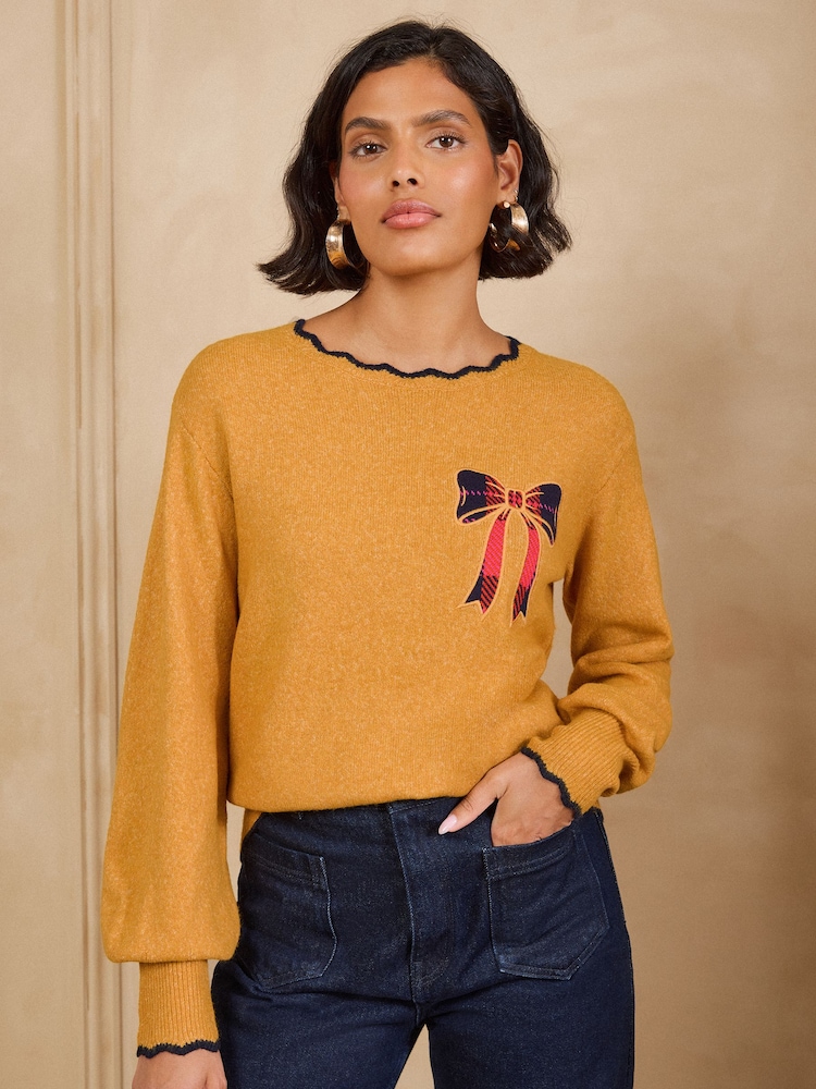 Love & Roses Boat Neck Ochre Yellow Scalloped Christmas Knitted Jumper - Image 1 of 4 Love & Roses Boat Neck Ochre Yellow Scalloped Christmas Knitted Jumper - Image 1 of 4