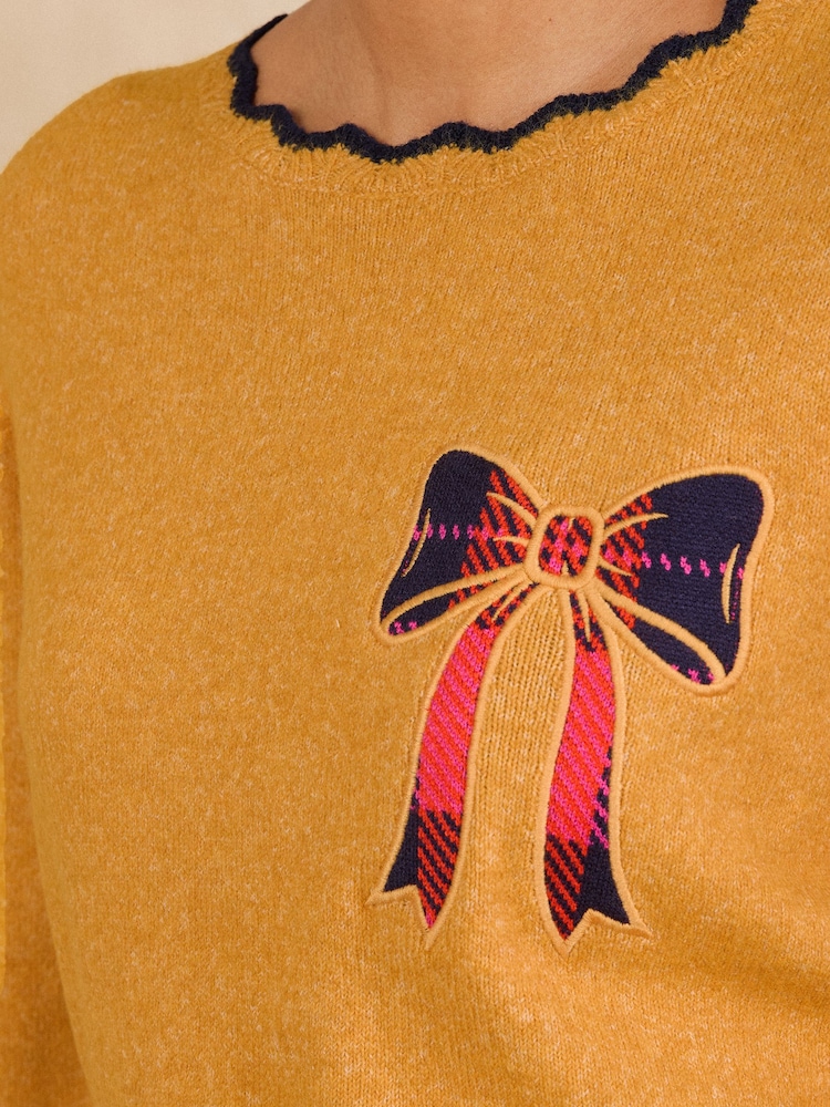 Love & Roses Boat Neck Ochre Yellow Scalloped Christmas Knitted Jumper - Image 2 of 4 Love & Roses Boat Neck Ochre Yellow Scalloped Christmas Knitted Jumper - Image 2 of 4