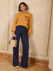 Love & Roses Boat Neck Ochre Yellow Scalloped Christmas Knitted Jumper - Image 3 of 4