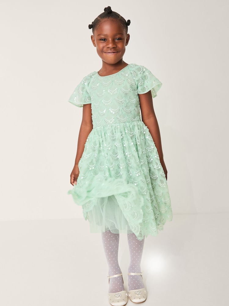 Monsoon Green Carly Sparkle Scallop Ruffle Party Dress - Image 1 of 4 Monsoon Green Carly Sparkle Scallop Ruffle Party Dress - Image 1 of 4