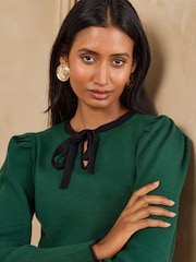 Love & Roses Forest Green Puff Sleeve Crew Neck Tie Detail Knitted Top - Image 3 of 4