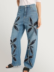 MUNTHE Bimo Floral Cutout Barrel Leg Blue Jeans - Imagen 3 de 7