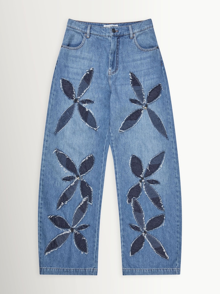 MUNTHE Bimo Floral Cutout Barrel Leg Blue Jeans - Imagen 7 de 7