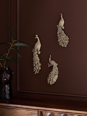 Set of 3 Gold Antiqued Effect 3D Peacocks Wall Art - Image 1 of 5
