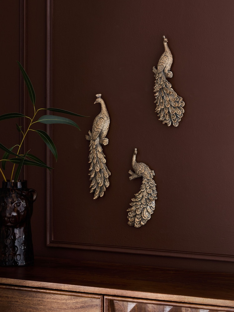 Set of 3 Gold Antiqued Effect 3D Peacocks Wall Art - Image 1 of 5