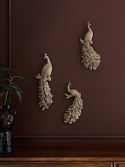 Set of 3 Gold Antiqued Effect 3D Peacocks Wall Art - Image 2 of 5