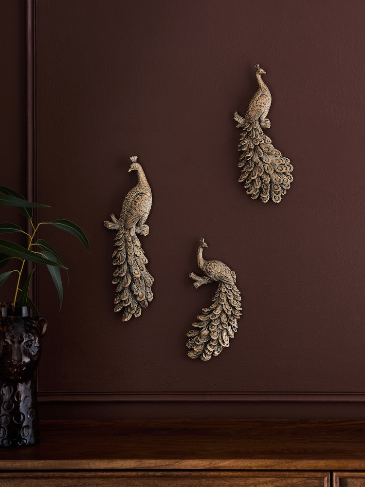 Set of 3 Gold Antiqued Effect 3D Peacocks Wall Art - Image 2 of 5