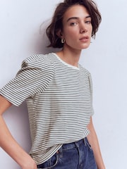 Boden Cream Pleat Sleeve Slub T-Shirt - Image 2 of 6