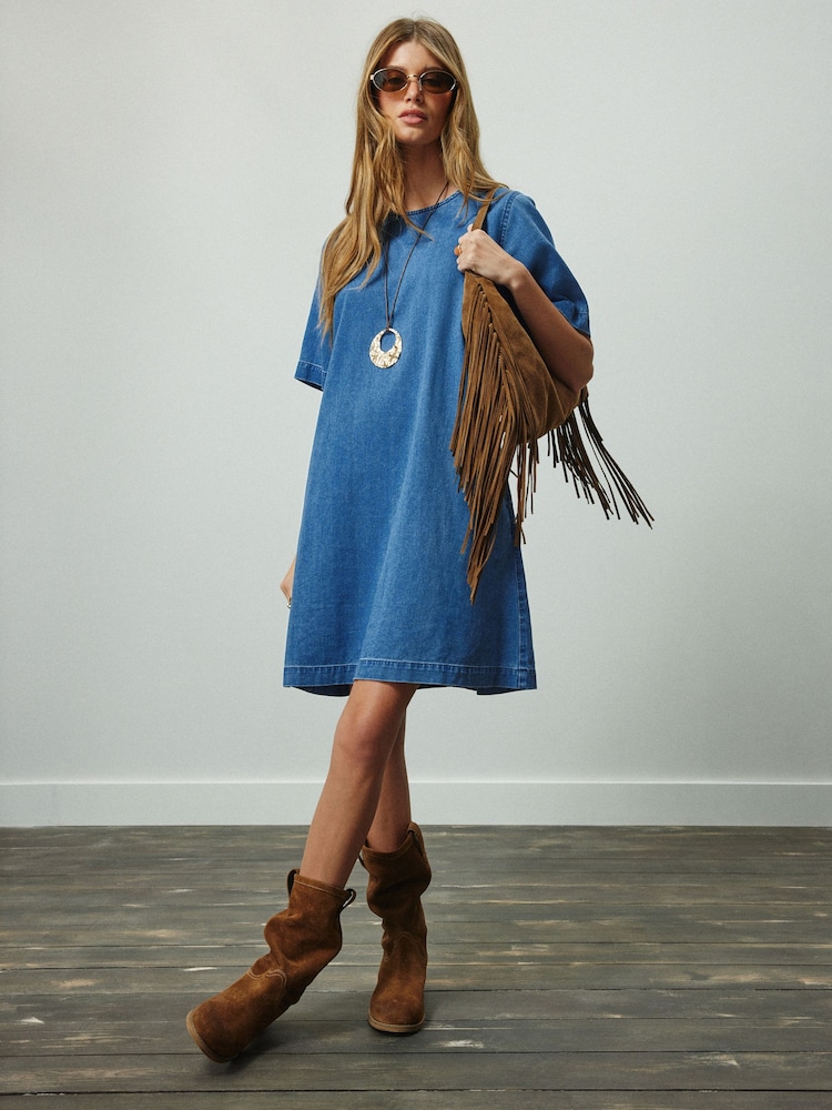 Mid Blue Lightweight Denim T-Shirt Mini Dress - Image 1 of 7