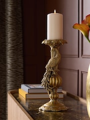 Gold Antiqued Finish Benedict The Peacock Pillar Candle Holder - Image 1 of 3