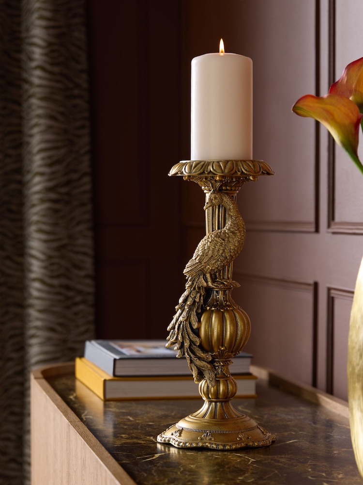 Gold Antiqued Finish Benedict The Peacock Pillar Candle Holder - Image 1 of 3