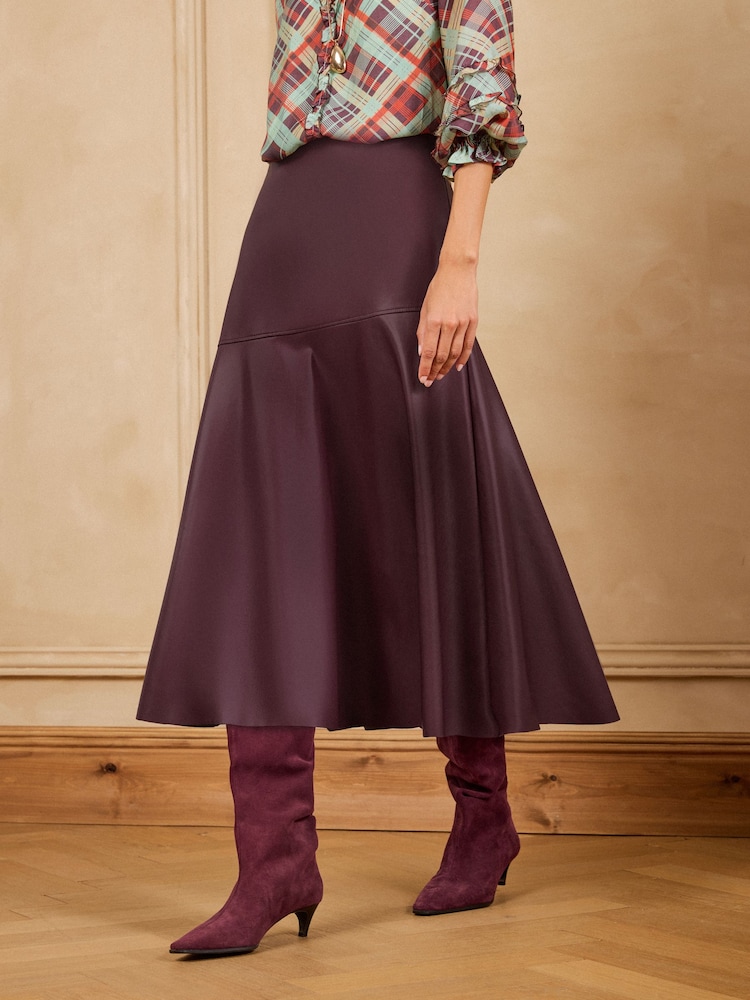 Love & Roses X Binky Berry Red Faux Leather Asymmetric Full Hem Midi Skirt - Image 1 of 5
