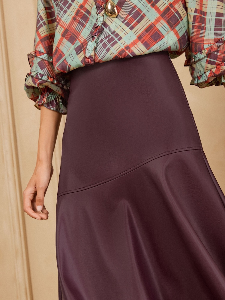 Love & Roses X Binky Berry Red Faux Leather Asymmetric Full Hem Midi Skirt - Image 2 of 5