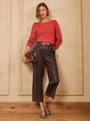 Love & Roses Chocolate Brown Faux Leather Wide Crop Trousers - Image 3 of 4