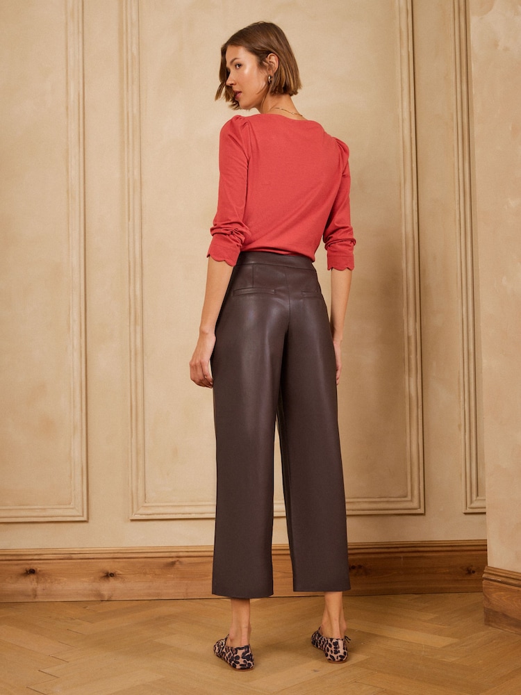 Love & Roses Chocolate Brown Faux Leather Wide Crop Trousers - Image 4 of 4