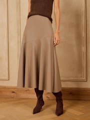 Love & Roses X Binky Neutral Beige Faux Leather Asymmetric Full Hem Midi Skirt - Image 1 of 5