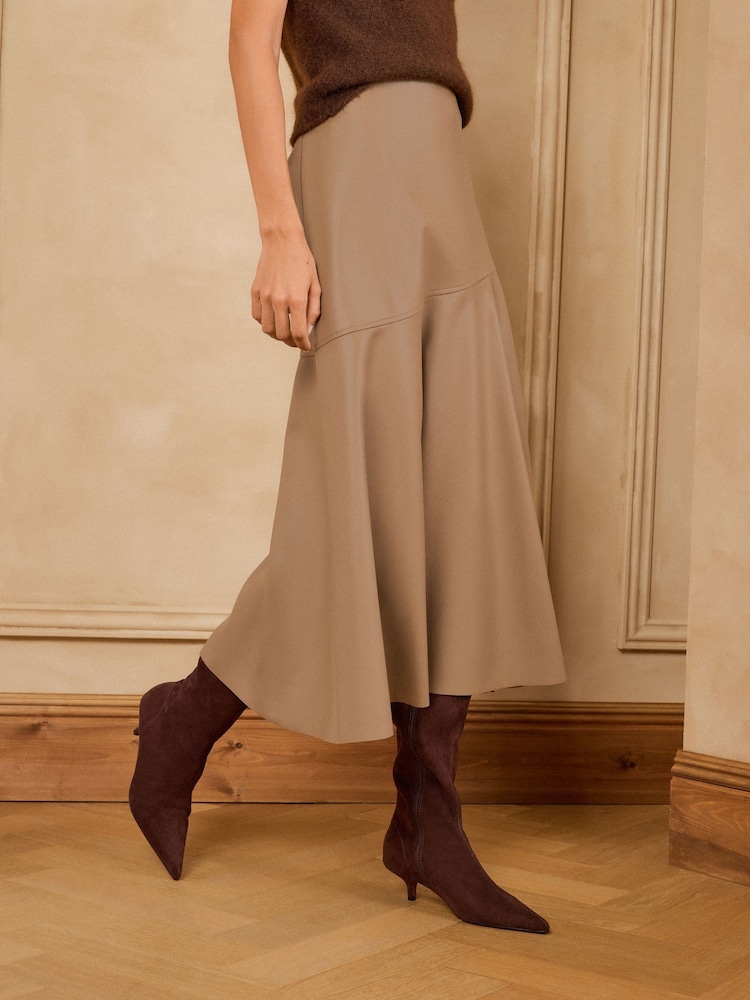 Love & Roses X Binky Neutral Beige Faux Leather Asymmetric Full Hem Midi Skirt - Image 2 of 5