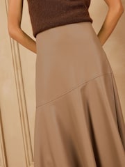 Love & Roses X Binky Neutral Beige Faux Leather Asymmetric Full Hem Midi Skirt - Image 3 of 5