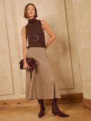 Love & Roses X Binky Neutral Beige Faux Leather Asymmetric Full Hem Midi Skirt - Image 4 of 5