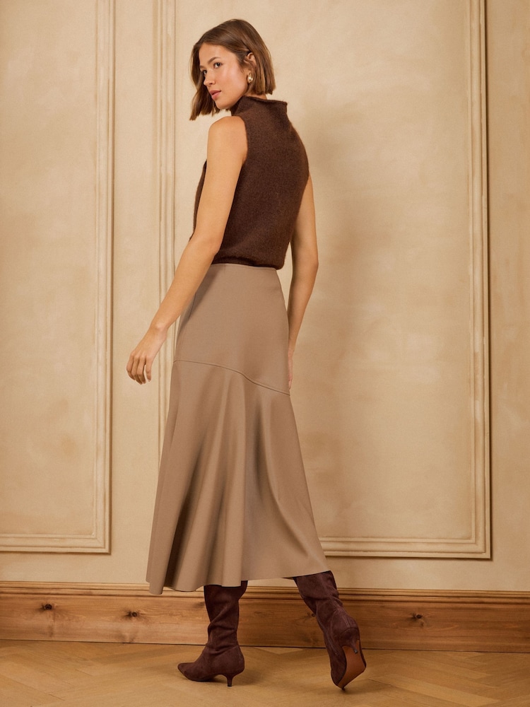 Love & Roses X Binky Neutral Beige Faux Leather Asymmetric Full Hem Midi Skirt - Image 5 of 5