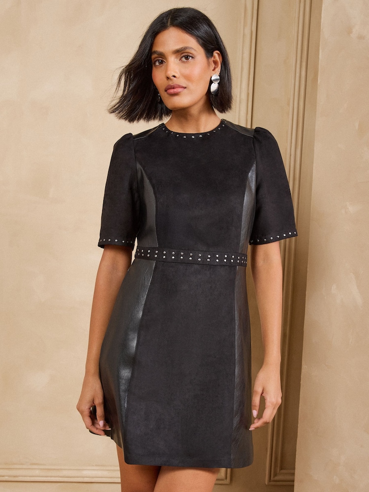 Love & Roses Black Faux Suede Faux Leather Stud Mini Dress - Image 2 of 5