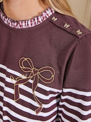 Love & Roses Burgundy Red Stripe Embroidered Bow Long Sleeve Top - Image 2 of 5