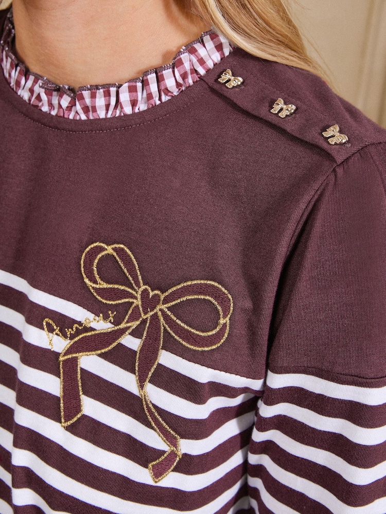 Love & Roses Burgundy Red Stripe Embroidered Bow Long Sleeve Top - Image 2 of 5 Love & Roses Burgundy Red Stripe Embroidered Bow Long Sleeve Top - Image 2 of 5