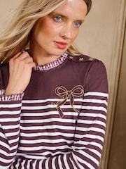 Love & Roses Burgundy Red Stripe Embroidered Bow Long Sleeve Top - Image 4 of 5