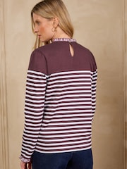 Love & Roses Burgundy Red Stripe Embroidered Bow Long Sleeve Top - Image 5 of 5
